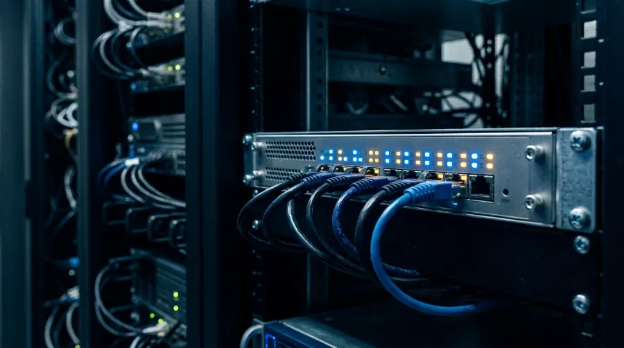 Equipo de seguridad de red montado en rack con cables conectados y luces de estado encendidas